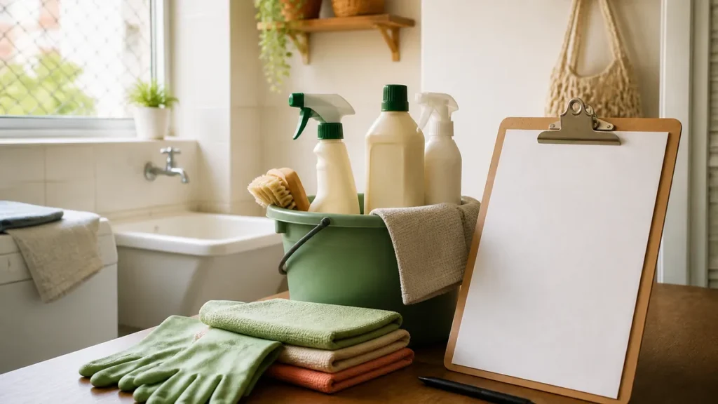 Materiais básicos de limpeza organizados ao lado de uma lista semanal simples