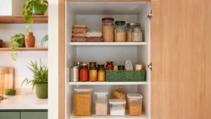Despensa pequena organizada com alimentos visíveis, potes transparentes e uma cesta de prioridade