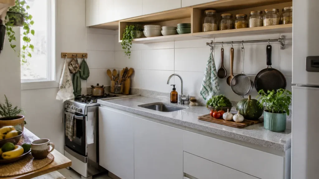 Cozinha pequena, clara e organizada para uma rotina prática