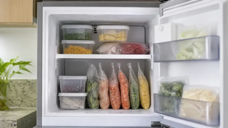 Freezer doméstico organizado com pequenas porções em recipientes e sacos transparentes