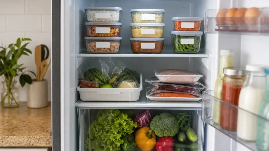 Geladeira doméstica organizada com recipientes transparentes e alimentos visíveis
