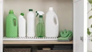 Frascos genéricos de limpeza fechados e separados com luvas e panos em armário de serviço