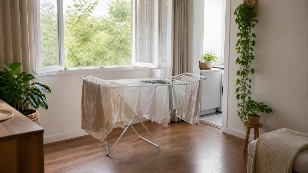 Roupas secando em apartamento ventilado