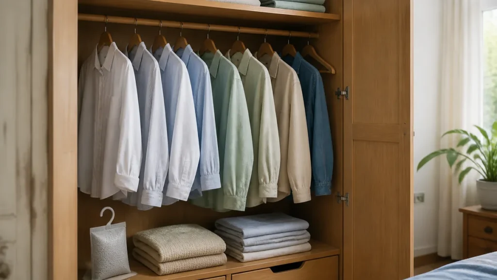 Roupas limpas e espaçadas em um guarda-roupa ventilado